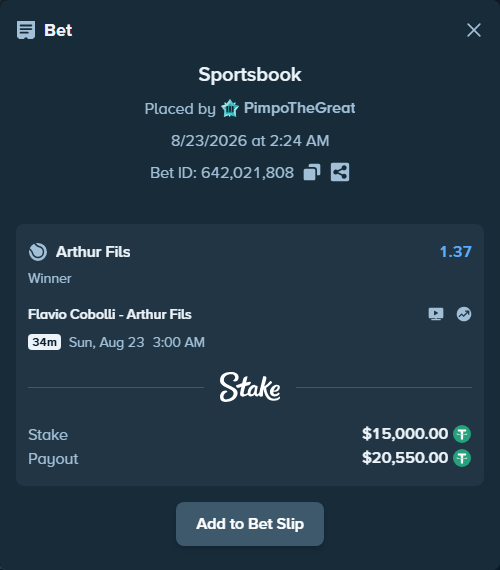 Bet slip: Flavio Cobolli - Arthur Fils, $15,000.00 stake at 1.37 odds, placed by PimpoTheGreat