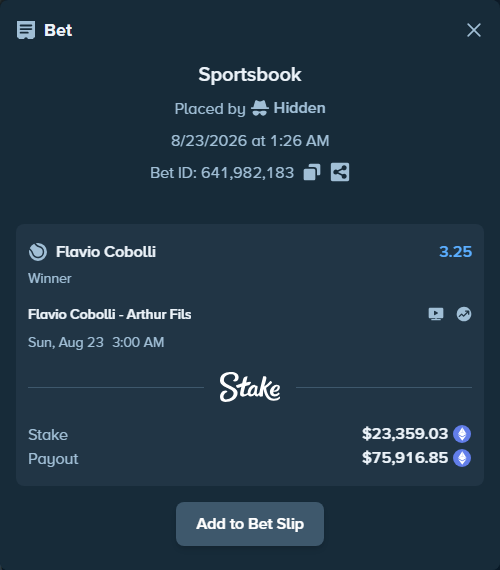 Bet slip: Flavio Cobolli - Arthur Fils, $23,366.41 stake at 3.25 odds, placed by Hidden
