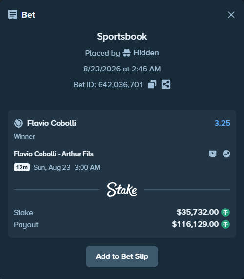 Bet slip: Flavio Cobolli - Arthur Fils, $35,732.00 stake at 3.25 odds, placed by Hidden