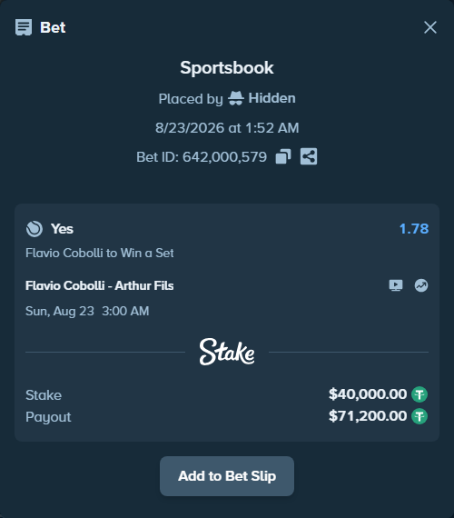 Bet slip: Flavio Cobolli - Arthur Fils, $40,000.00 stake at 1.78 odds, placed by Hidden