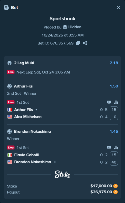 Bet slip: Flavio Cobolli - Brandon Nakashima, $16,776.87 stake at 1.45 odds, placed by Hidden