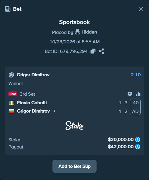 Bet slip: Flavio Cobolli - Grigor Dimitrov, $20,000.00 stake at 2.10 odds, placed by Hidden