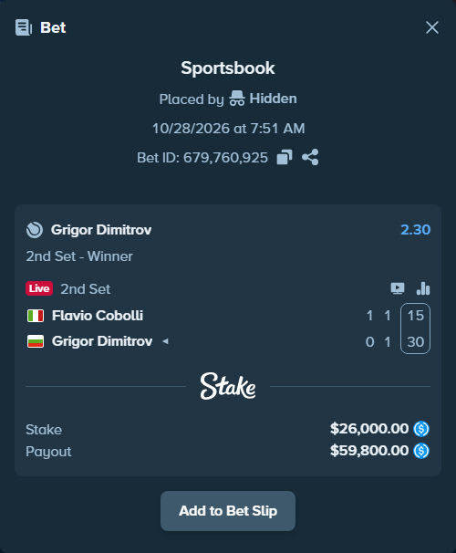 Bet slip: Flavio Cobolli - Grigor Dimitrov, $26,000.00 stake at 2.30 odds, placed by Hidden