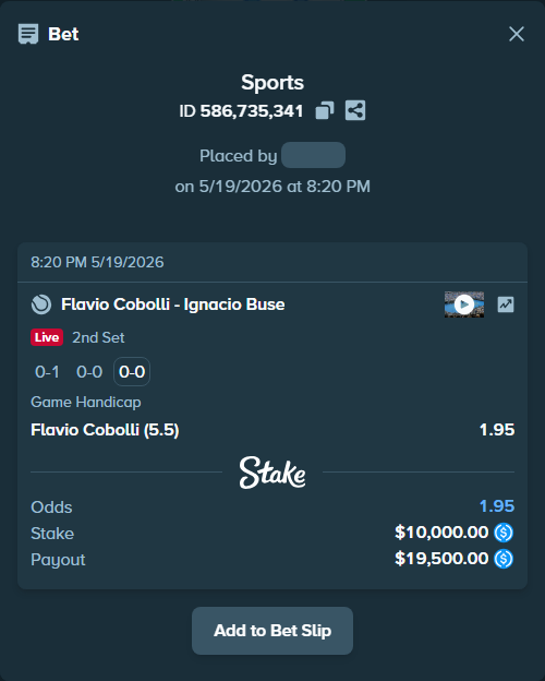 Bet slip: Flavio Cobolli - Ignacio Buse, $10,000.00 stake at 1.95 odds, placed by Jmccoy11