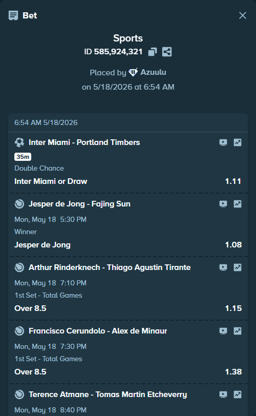 Bet slip: Flavio Cobolli - Ignacio Buse, $69,265.30 stake at 1.25 odds, placed by Azuulu