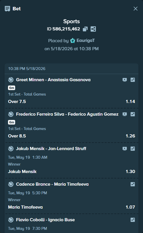 Bet slip: Flavio Cobolli - Ignacio Buse, $85,350.02 stake at 1.25 odds, placed by EaurigaT