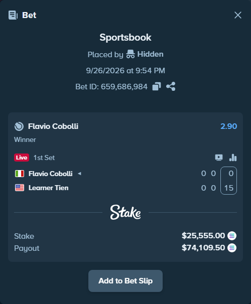 Bet slip: Flavio Cobolli - Learner Tien, $25,510.55 stake at 2.90 odds, placed by Hidden