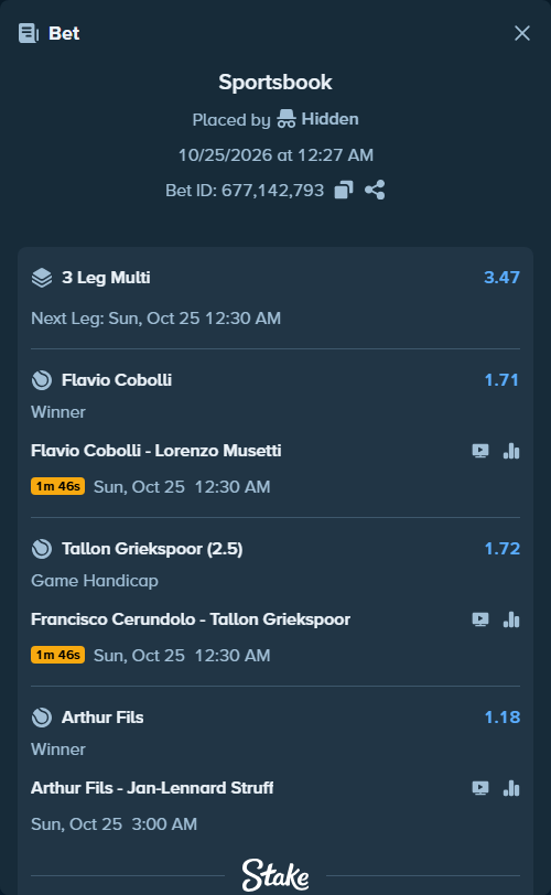 Bet slip: Flavio Cobolli - Lorenzo Musetti, $10,148.14 stake at 1.71 odds, placed by Hidden