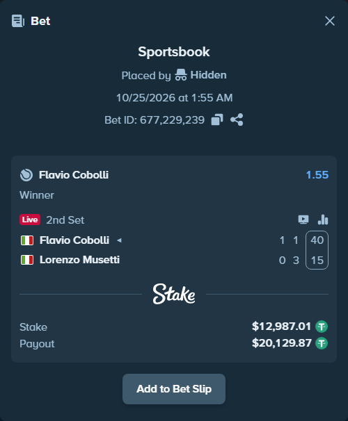 Bet slip: Flavio Cobolli - Lorenzo Musetti, $13,000.00 stake at 1.55 odds, placed by Regenergy