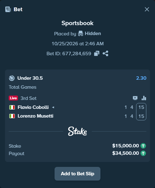 Bet slip: Flavio Cobolli - Lorenzo Musetti, $15,015.00 stake at 2.30 odds, placed by Hidden