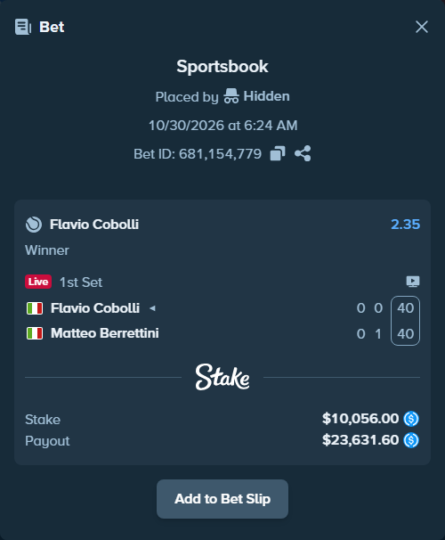 Bet slip: Flavio Cobolli - Matteo Berrettini, $10,056.00 stake at 2.35 odds, placed by ThebigJ77