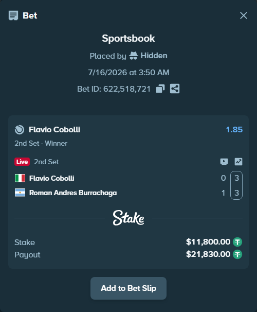 Bet slip: Flavio Cobolli - Roman Andres Burrachaga, $11,811.80 stake at 1.85 odds, placed by Hidden
