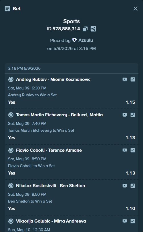 Bet slip: Flavio Cobolli - Terence Atmane, $125,000.00 stake at 1.13 odds, placed by Azuulu