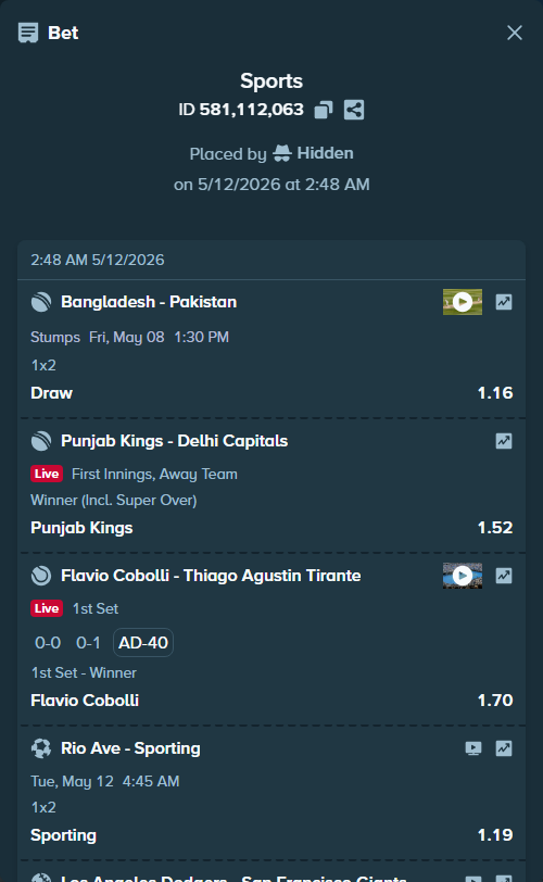 Bet slip: Flavio Cobolli - Thiago Agustin Tirante, $10,000.00 stake at 1.70 odds, placed by Hidden