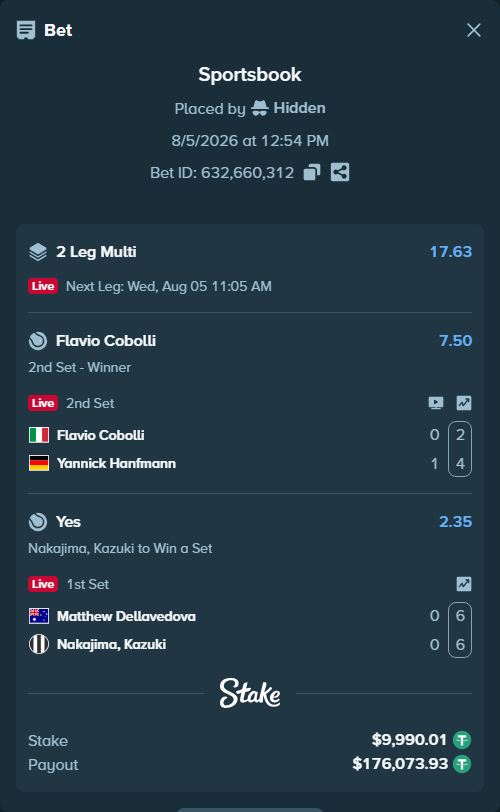 Bet slip: Flavio Cobolli - Yannick Hanfmann, $10,000.00 stake at 7.50 odds, placed by Hidden