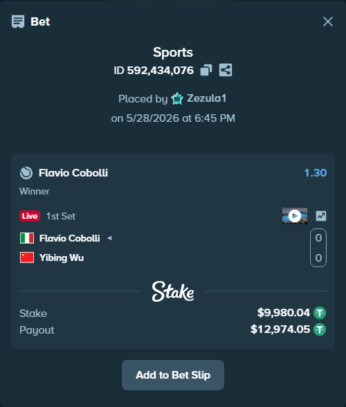 Bet slip: Flavio Cobolli - Yibing Wu, $10,000.00 stake at 1.30 odds, placed by Zezula1
