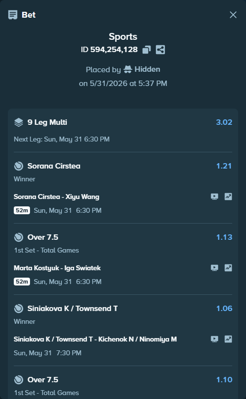 Bet slip: Flavio Cobolli - Zachary Svajda, $125,000.00 stake at 1.13 odds, placed by Hidden