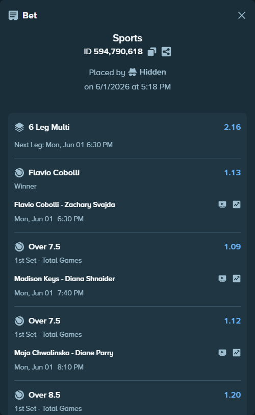 Bet slip: Flavio Cobolli - Zachary Svajda, $16,646.02 stake at 1.13 odds, placed by Hidden