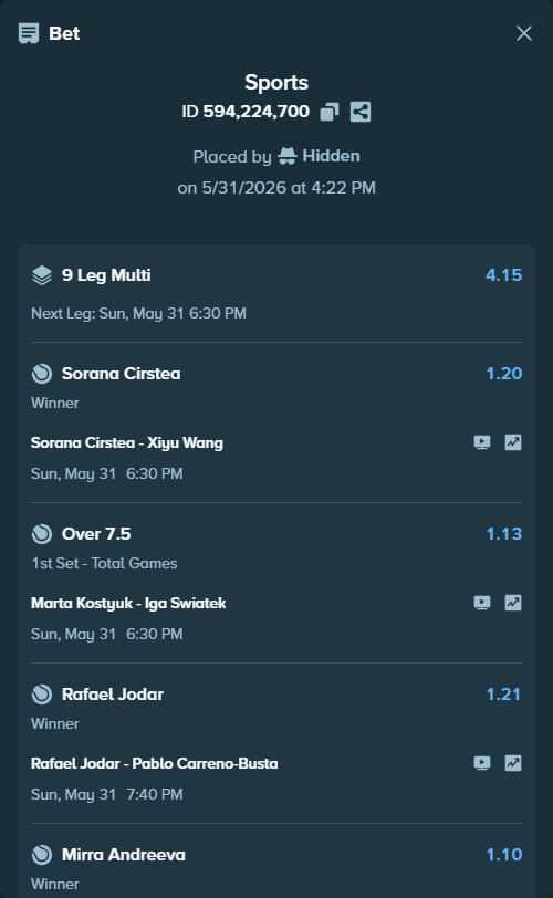 Bet slip: Flavio Cobolli - Zachary Svajda, $175,000.00 stake at 1.13 odds, placed by Hidden