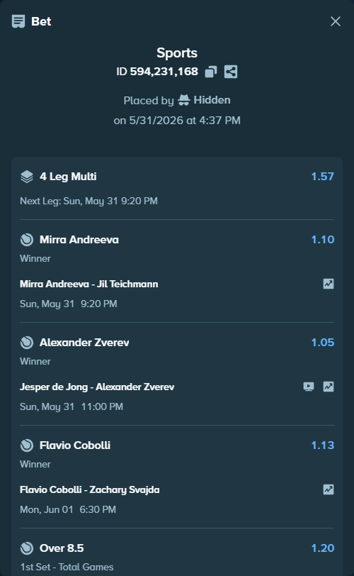 Bet slip: Flavio Cobolli - Zachary Svajda, $20,318.86 stake at 1.13 odds, placed by Hidden