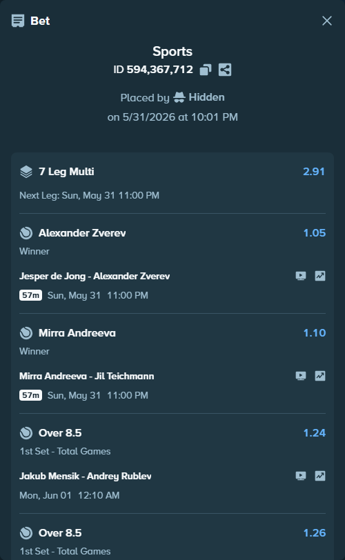 Bet slip: Flavio Cobolli - Zachary Svajda, $23,853.60 stake at 1.13 odds, placed by Hidden