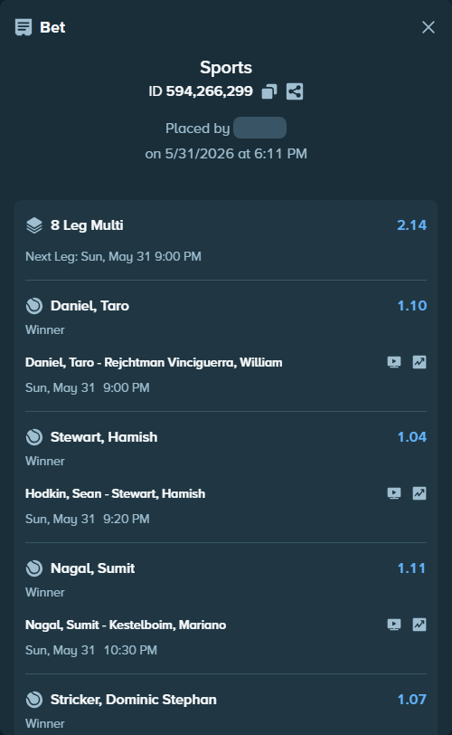 Bet slip: Flavio Cobolli - Zachary Svajda, $38,469.91 stake at 1.13 odds, placed by EaurigaT