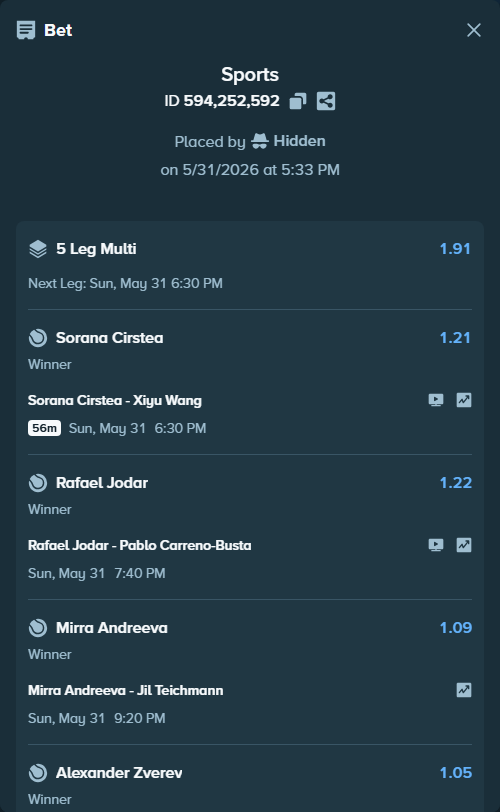 Bet slip: Flavio Cobolli - Zachary Svajda, $42,957.75 stake at 1.13 odds, placed by Hidden