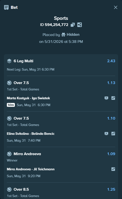 Bet slip: Flavio Cobolli - Zachary Svajda, $61,312.40 stake at 1.13 odds, placed by Hidden