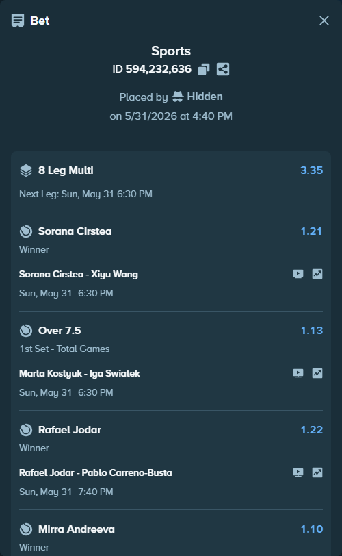 Bet slip: Flavio Cobolli - Zachary Svajda, $61,331.54 stake at 1.13 odds, placed by Hidden