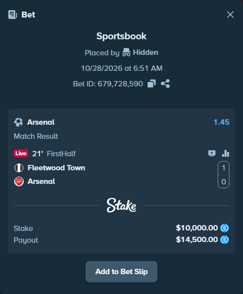 Bet slip: Fleetwood - Arsenal, $10,000.00 stake at 1.45 odds, placed by blominj