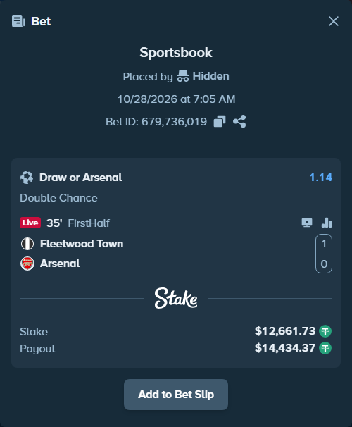 Bet slip: Fleetwood - Arsenal, $12,674.39 stake at 1.14 odds, placed by NikolaAntun