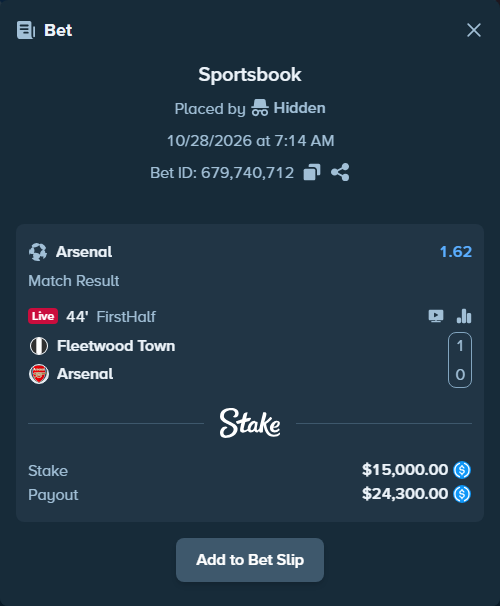 Bet slip: Fleetwood - Arsenal, $15,000.00 stake at 1.62 odds, placed by FootExpert200