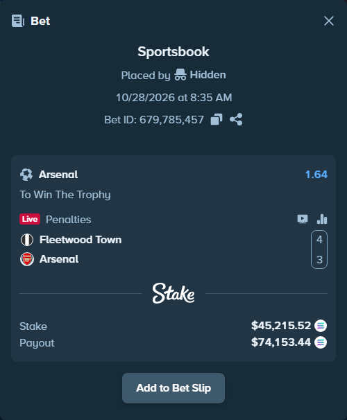 Bet slip: Fleetwood - Arsenal, $45,149.52 stake at 1.64 odds, placed by Prettylfacko98
