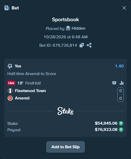 Bet slip: Fleetwood - Arsenal, $55,000.00 stake at 1.40 odds, placed by Jackpoor