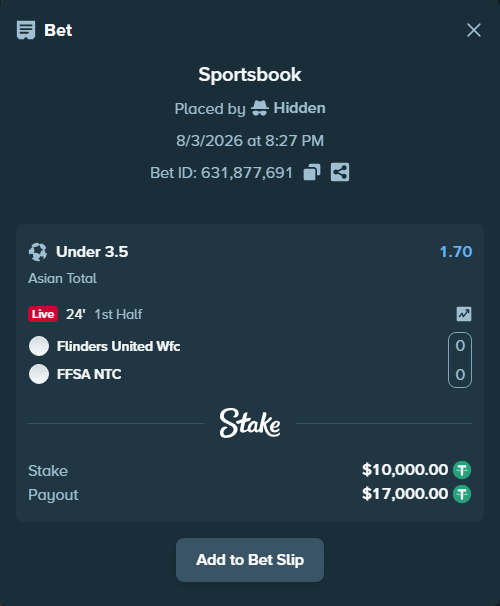 Bet slip: Flinders United Wfc - FFSA NTC, $10,010.00 stake at 1.70 odds, placed by Hidden