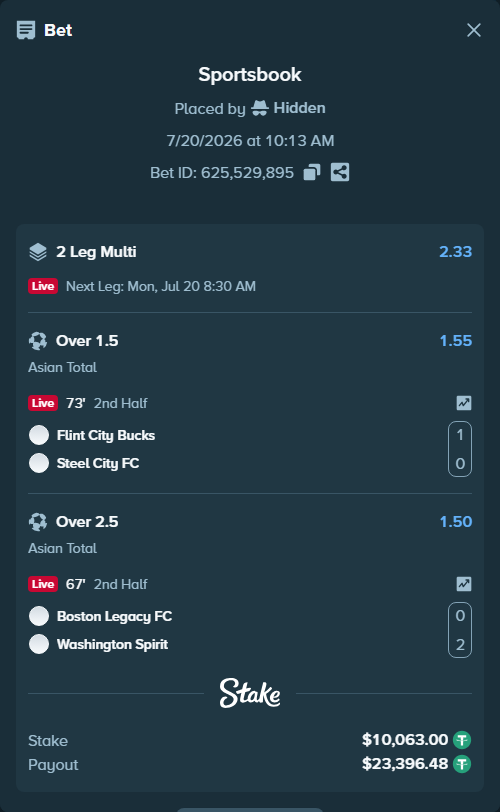 Bet slip: Flint City Bucks - Steel City FC, $10,063.00 stake at 1.55 odds, placed by Hidden