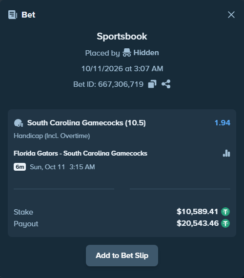 Bet slip: Florida Gators - South Carolina Gamecocks, $10,600.00 stake at 1.94 odds, placed by oscardv1981