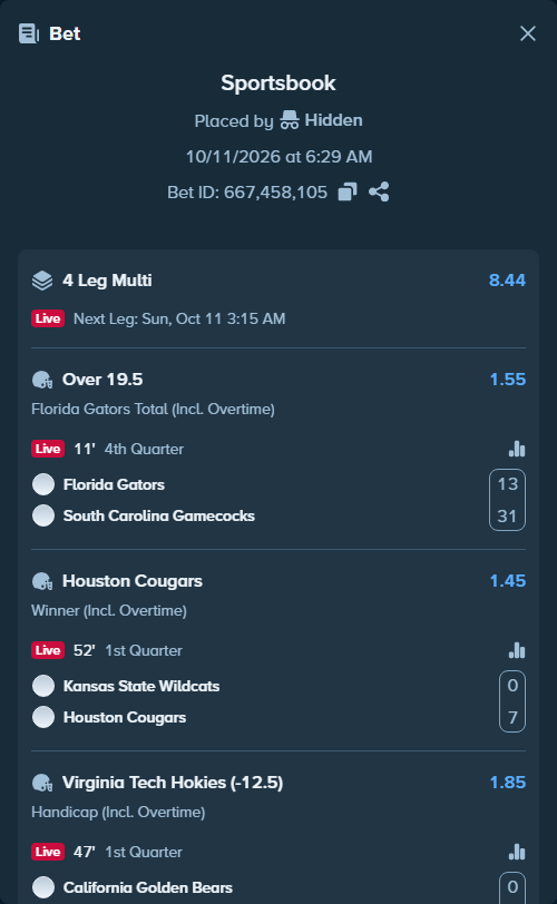 Bet slip: Florida Gators - South Carolina Gamecocks, $16,762.75 stake at 1.55 odds, placed by Hidden