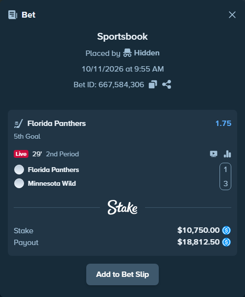 Bet slip: Florida Panthers - Minnesota Wild, $10,750.00 stake at 1.75 odds, placed by Hidden