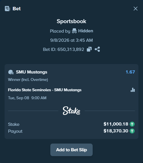 Bet slip: Florida State Seminoles - SMU Mustangs, $11,000.18 stake at 1.67 odds, placed by Hidden