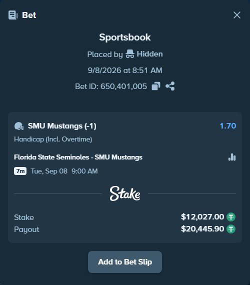 Bet slip: Florida State Seminoles - SMU Mustangs, $12,027.00 stake at 1.70 odds, placed by Hidden