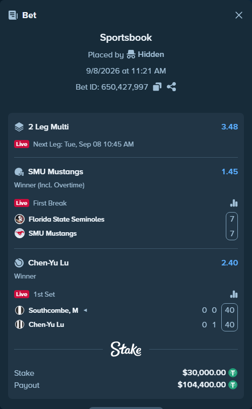 Bet slip: Florida State Seminoles - SMU Mustangs, $30,000.00 stake at 1.45 odds, placed by Hidden