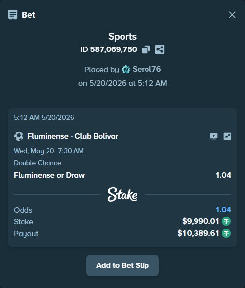 Bet slip: Fluminense - Club Bolivar, $10,000.00 stake at 1.04 odds, placed by Serol76