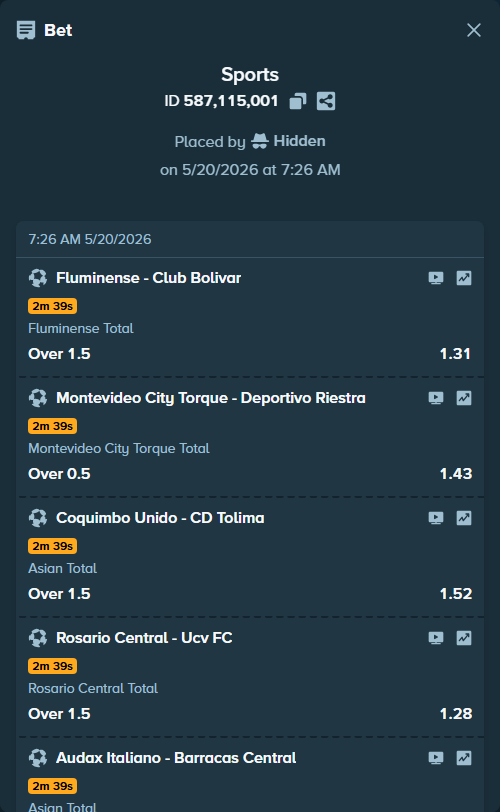Bet slip: Fluminense - Club Bolivar, $15,035.00 stake at 1.31 odds, placed by Hidden