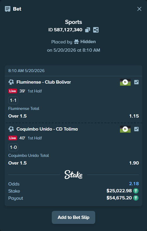 Bet slip: Fluminense - Club Bolivar, $25,048.00 stake at 1.15 odds, placed by Hidden