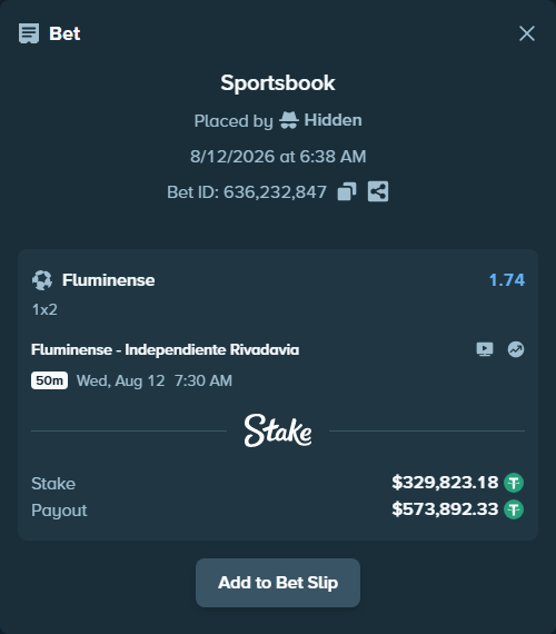 Bet slip: Fluminense - Independiente Rivadavia, $330,153.00 stake at 1.74 odds, placed by Hidden