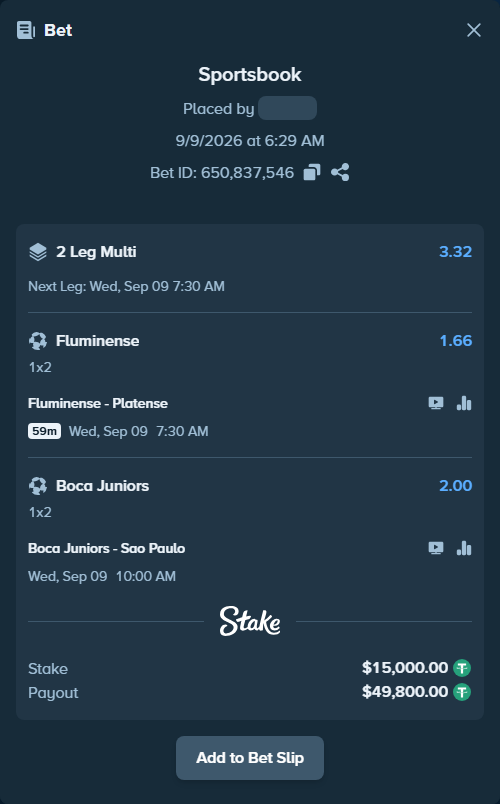 Bet slip: Fluminense - Platense, $15,000.00 stake at 1.66 odds, placed by KOHINUR7474