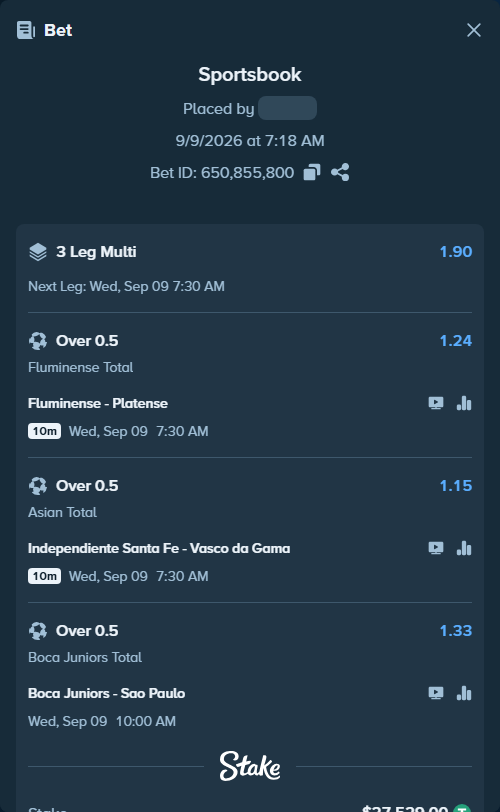 Bet slip: Fluminense - Platense, $27,529.00 stake at 1.24 odds, placed by SH7N28