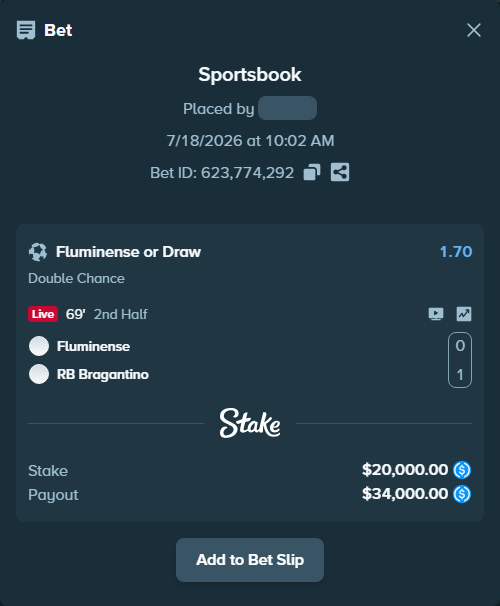 Bet slip: Fluminense - RB Bragantino, $20,000.00 stake at 1.70 odds, placed by Latino1998