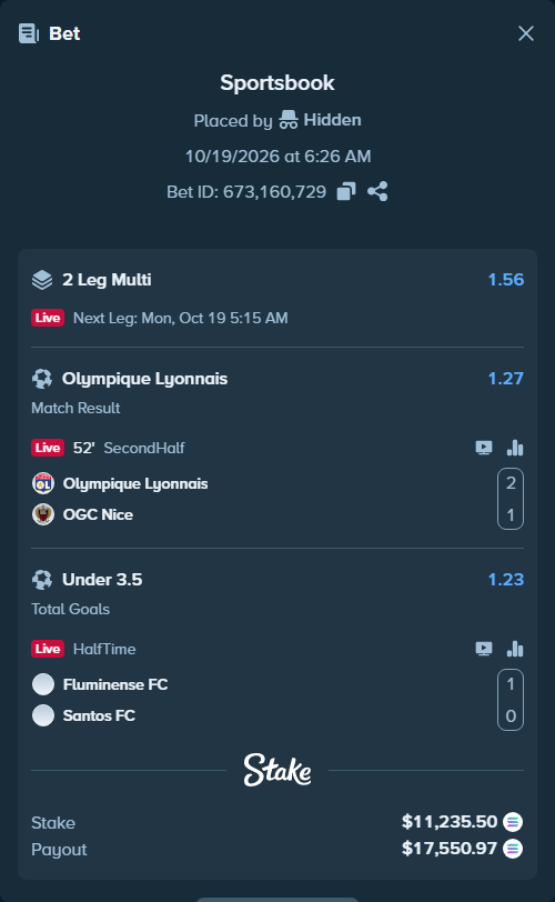 Bet slip: Fluminense - Santos, $11,724.43 stake at 1.23 odds, placed by Hidden